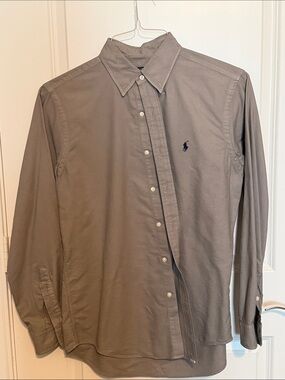 Polo by Ralph Lauren Men's Long-Sleeve Button-Down Shirt — Taupe with Navy Logo